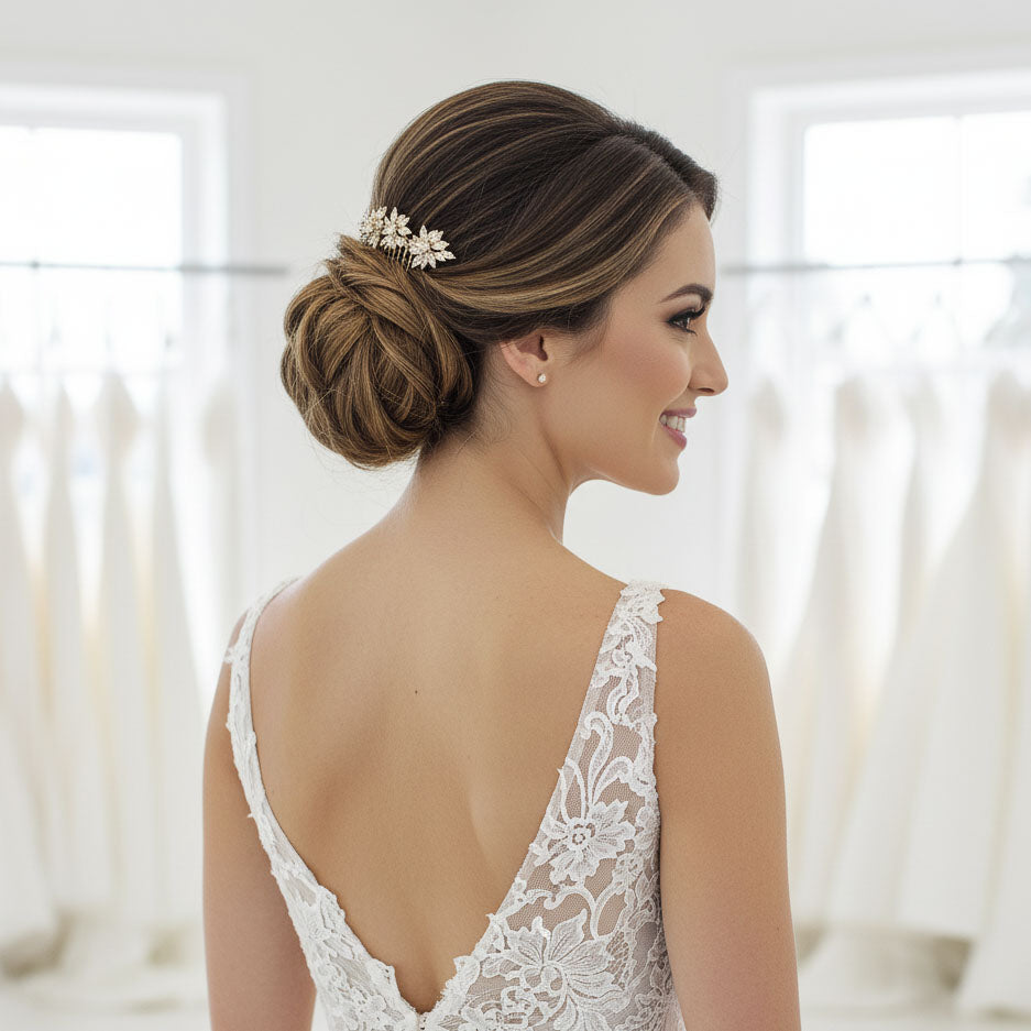 14K Gold Small CZ Wedding Veil Comb | Marquise Leaf Cluster Hair Piece - Bridget