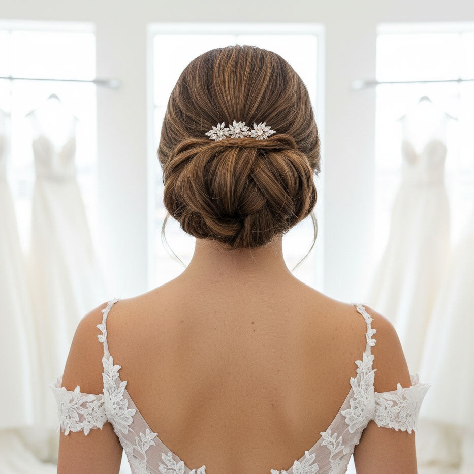 14K Gold Small CZ Wedding Veil Comb | Marquise Leaf Cluster Hair Piece - Bridget