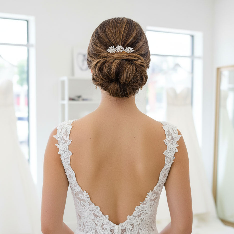 Small CZ Wedding Veil Comb | Dainty Marquise Leaf Cluster Hair Piece - Bridget