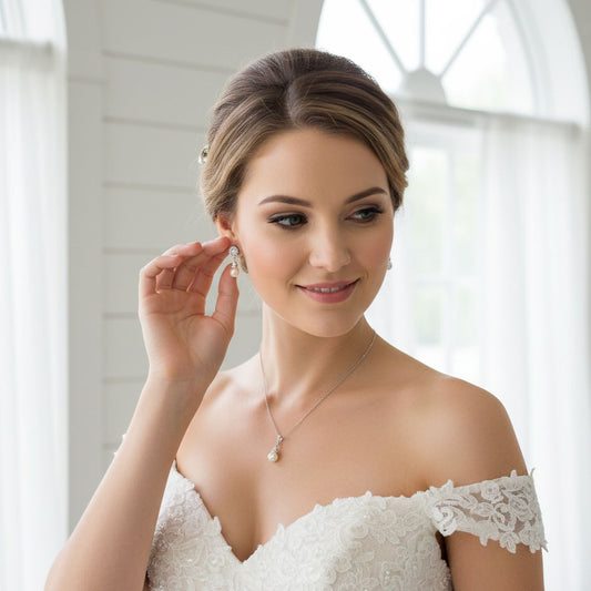 Earrings, Necklace Bracelet Set in Pearls for Weddings in Rose Gold-AVA