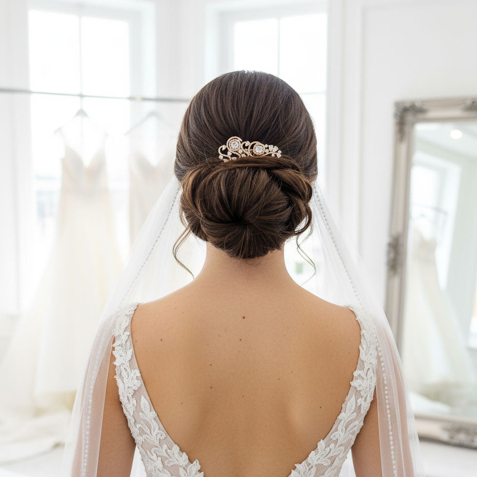 Small Rose Gold Veil Hair Comb | Sparkling Cubic Zirconia Wedding Hair Piece - Casey