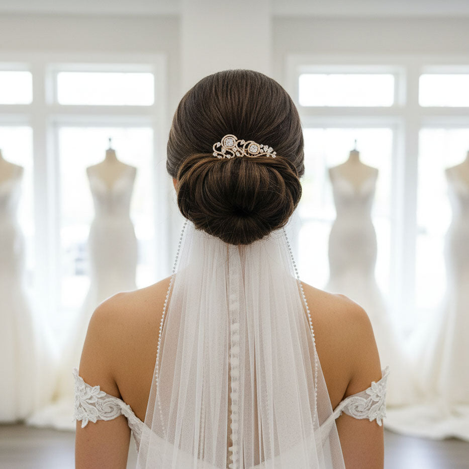 Small Rose Gold Veil Hair Comb | Sparkling Cubic Zirconia Wedding Hair Piece - Casey