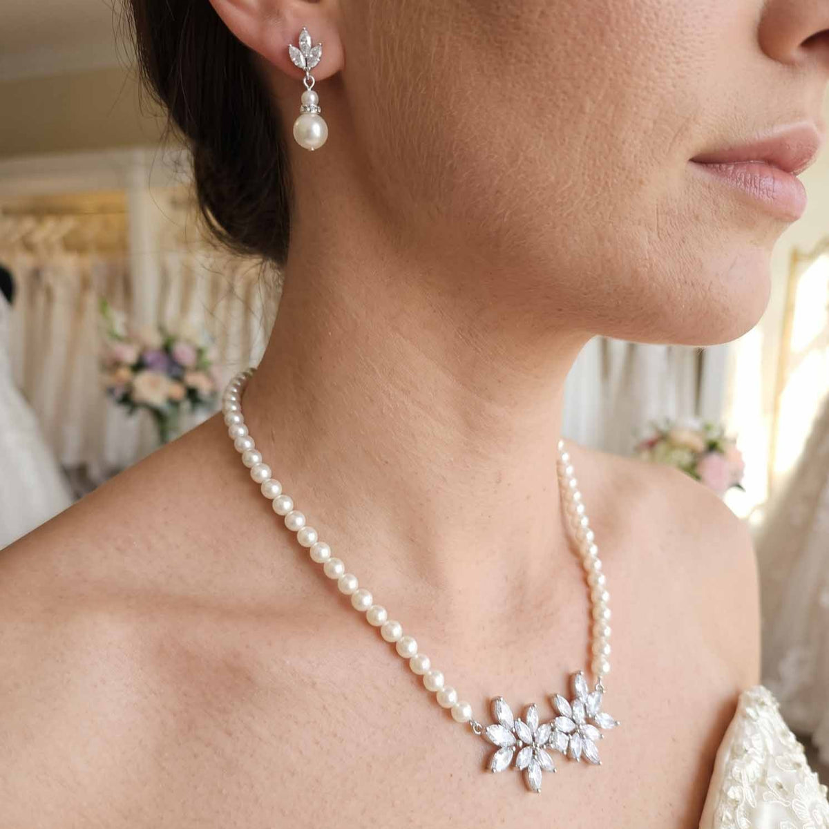 Silver Pearl and Crystal Floral Bridal Jewellery Set - Carol