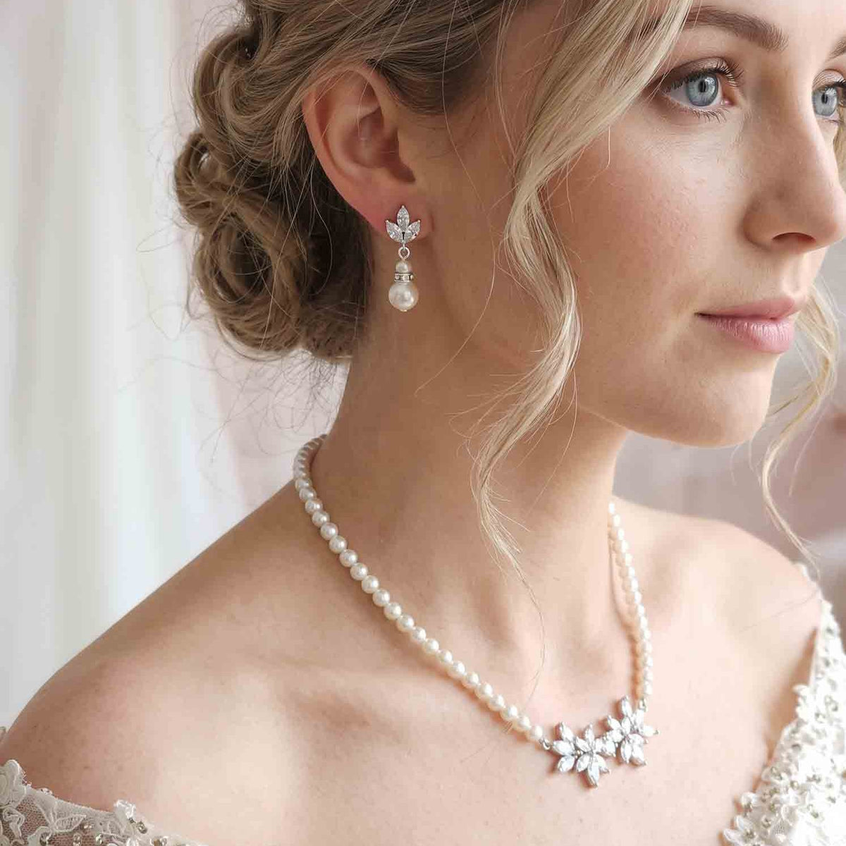 Silver Pearl and Crystal Floral Bridal Jewellery Set - Carol