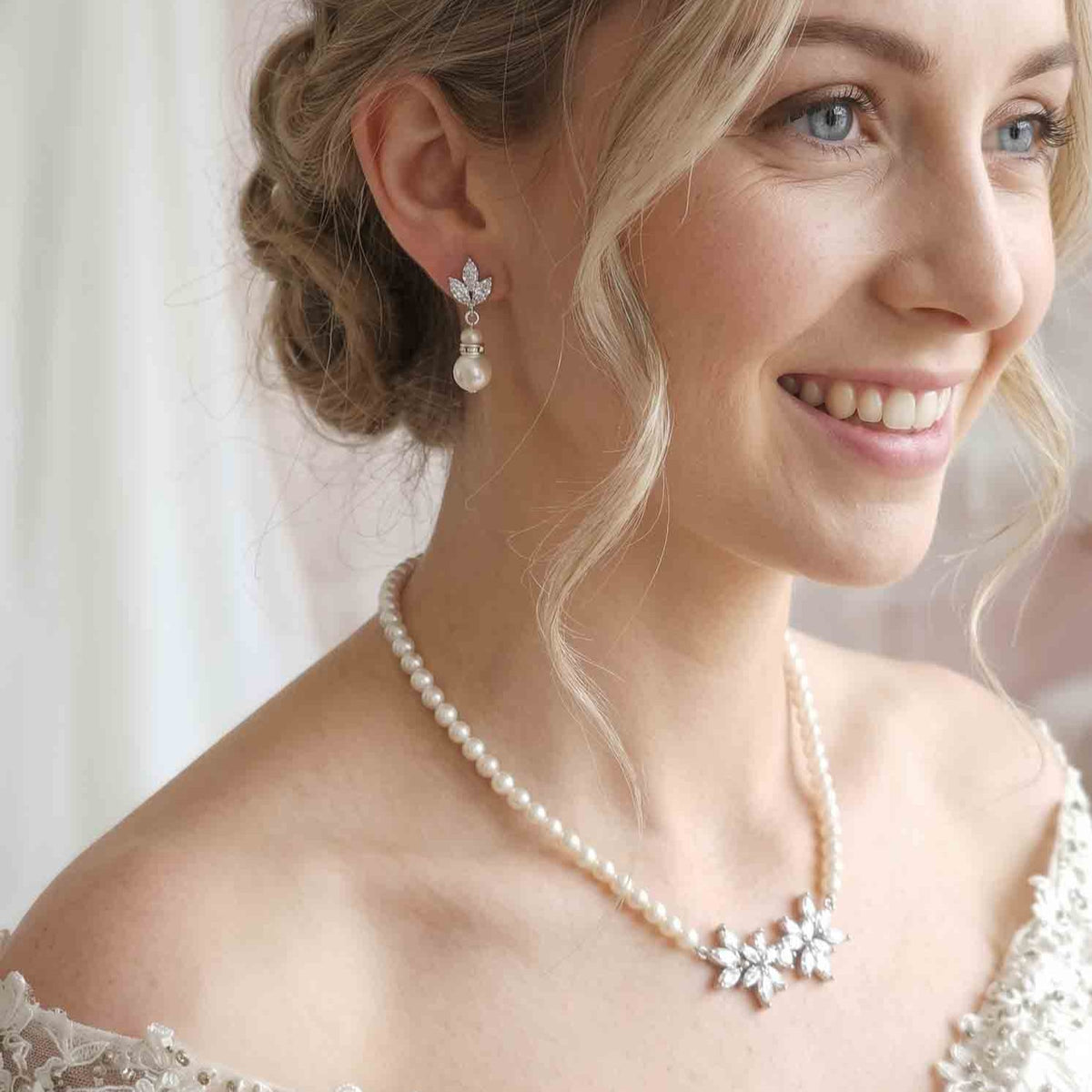 Silver Pearl and Crystal Floral Bridal Jewellery Set - Carol
