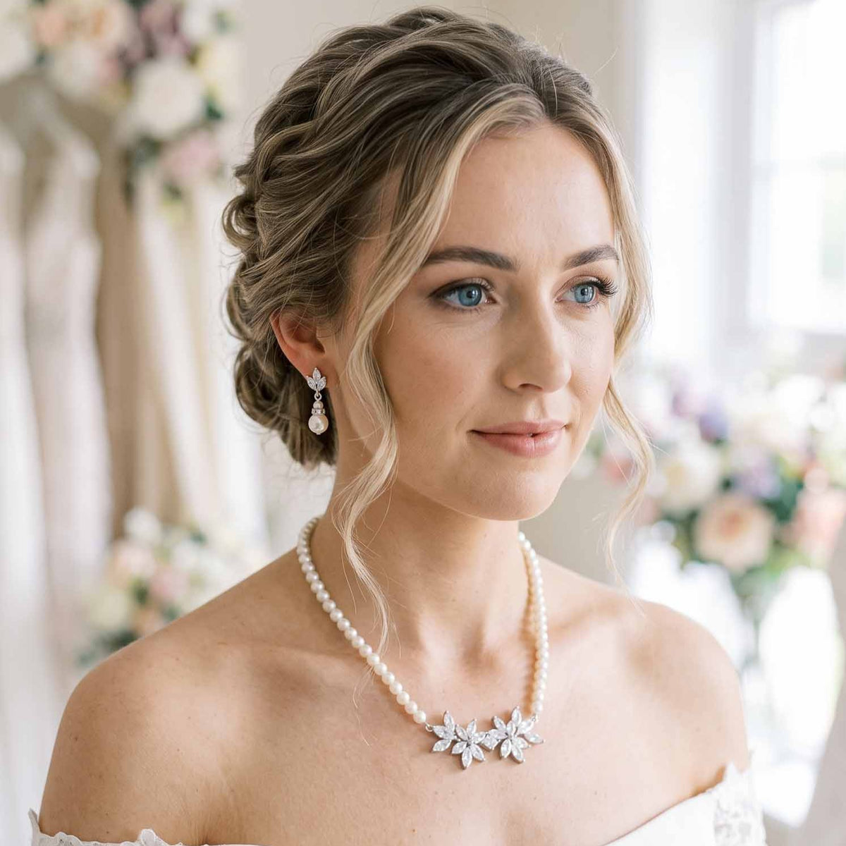 Silver Pearl and Crystal Floral Bridal Jewellery Set - Carol