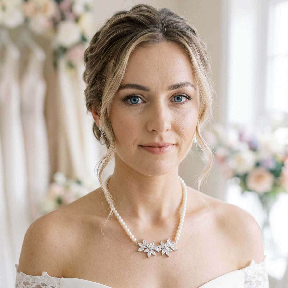 Silver Pearl and Crystal Floral Bridal Jewellery Set - Carol