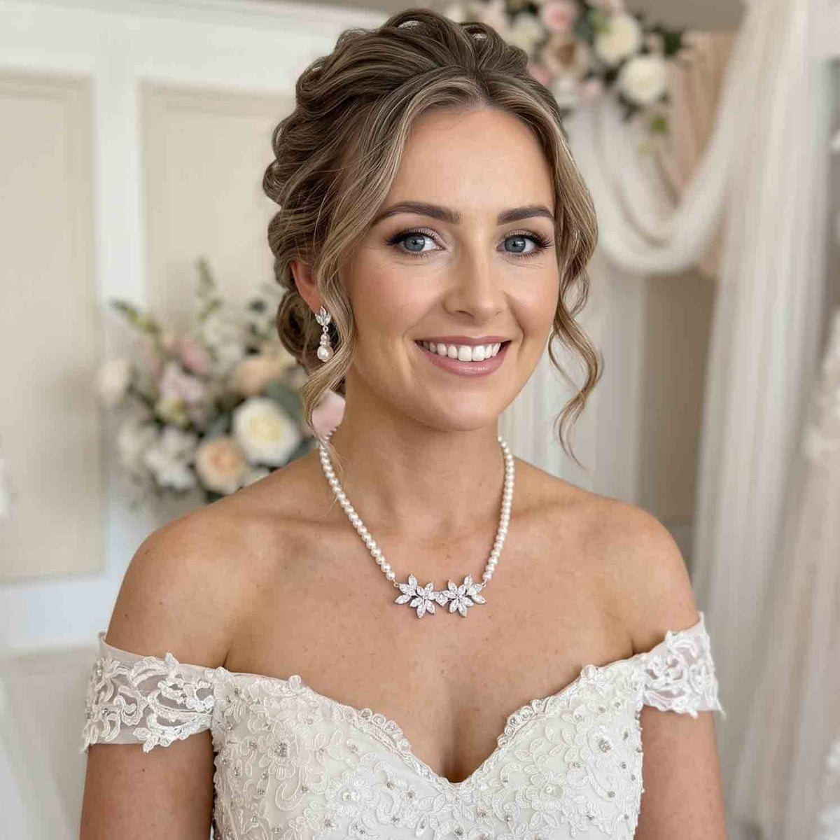 Silver Pearl and Crystal Floral Bridal Jewellery Set - Carol
