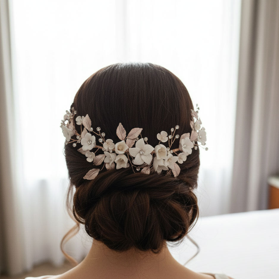 Rose Gold Hair Comb with White Flowers-Daffodil
