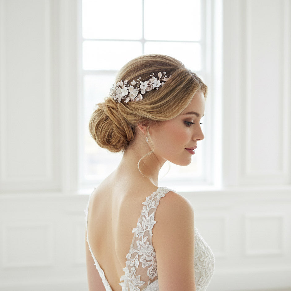 Rose Gold Hair Comb with White Flowers-Daffodil