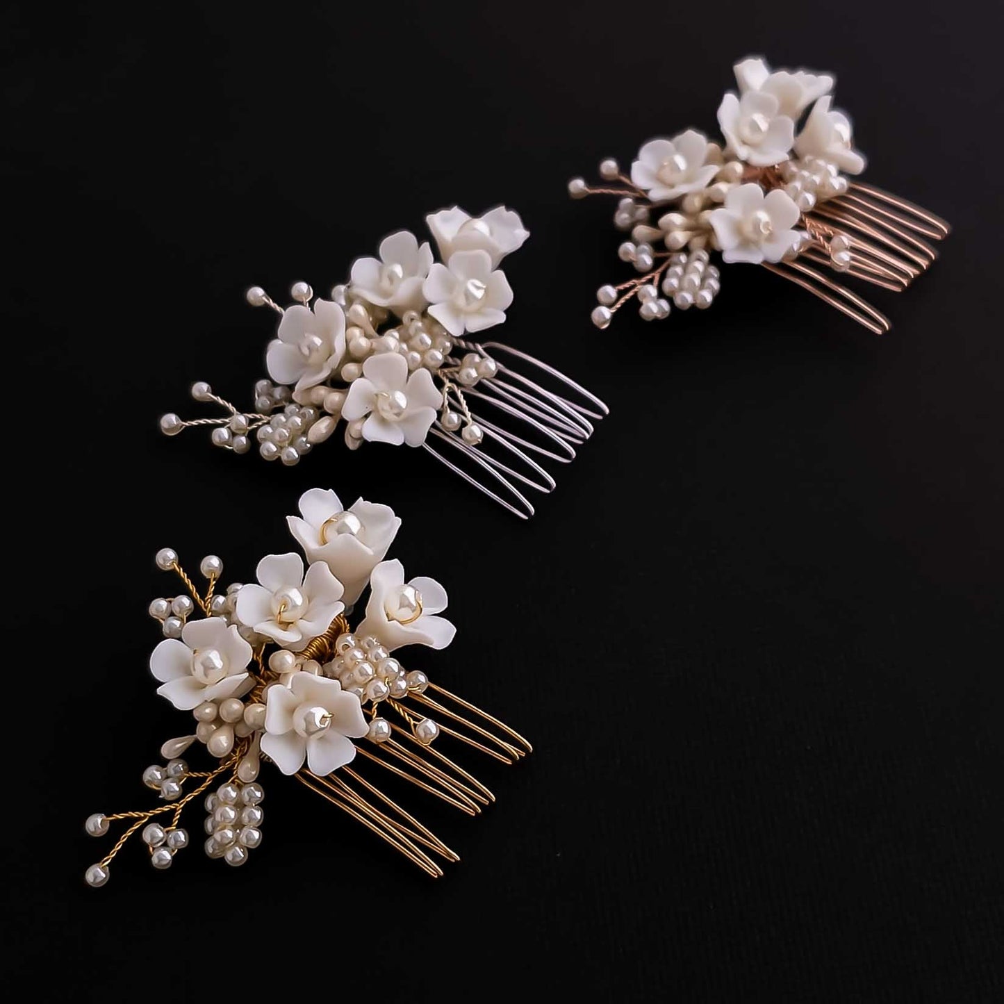 Small Flowers and Pearl Hair Comb in Rose Gold-Betty