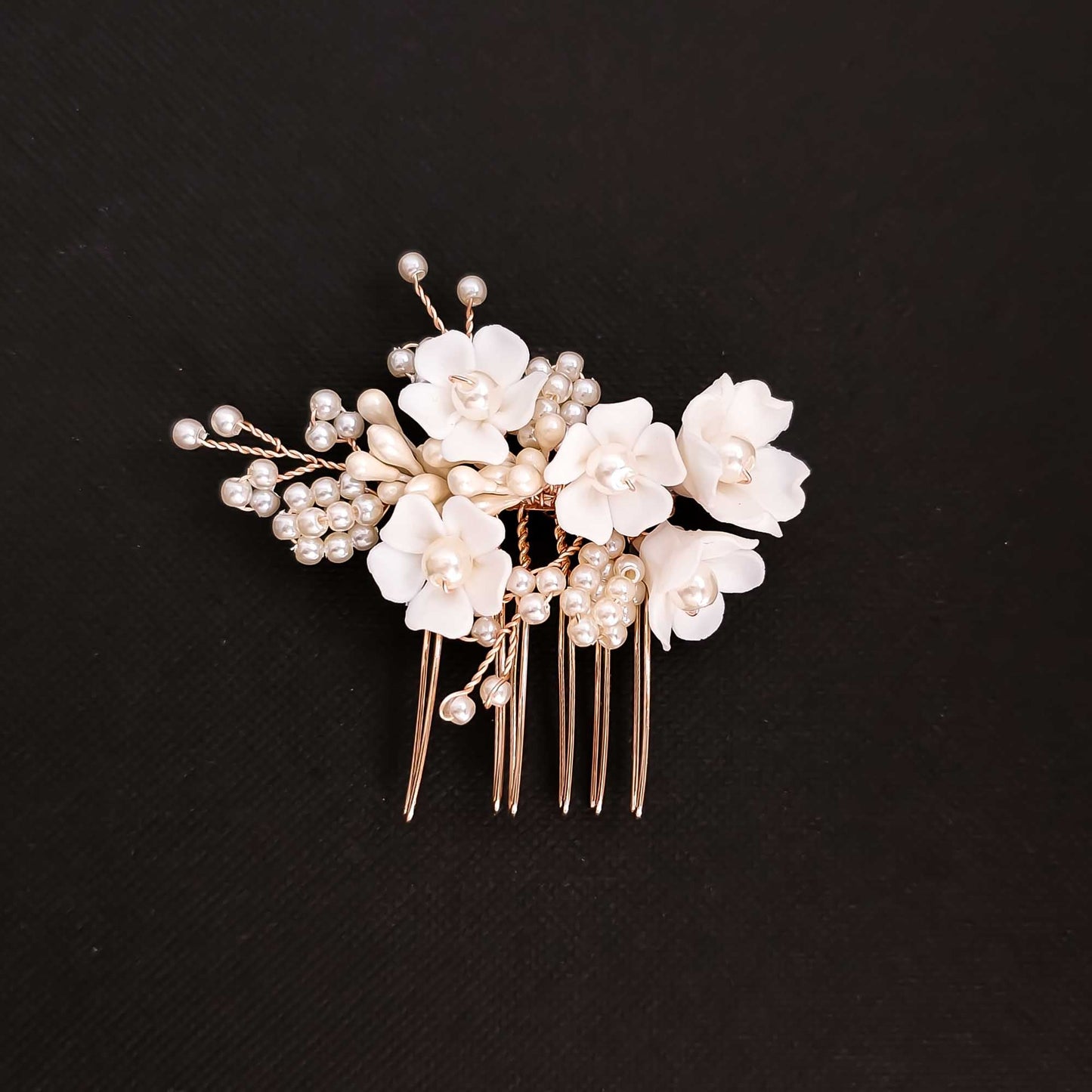 Small Flowers and Pearl Hair Comb in Rose Gold-Betty