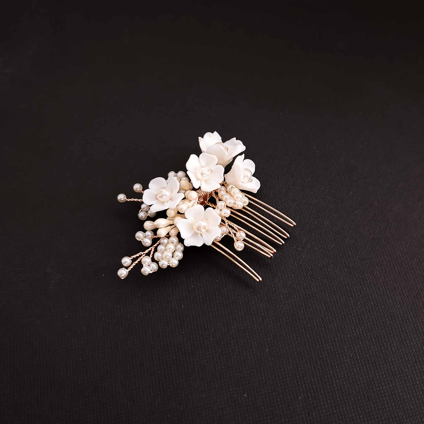 Small Flowers and Pearl Hair Comb in Rose Gold-Betty