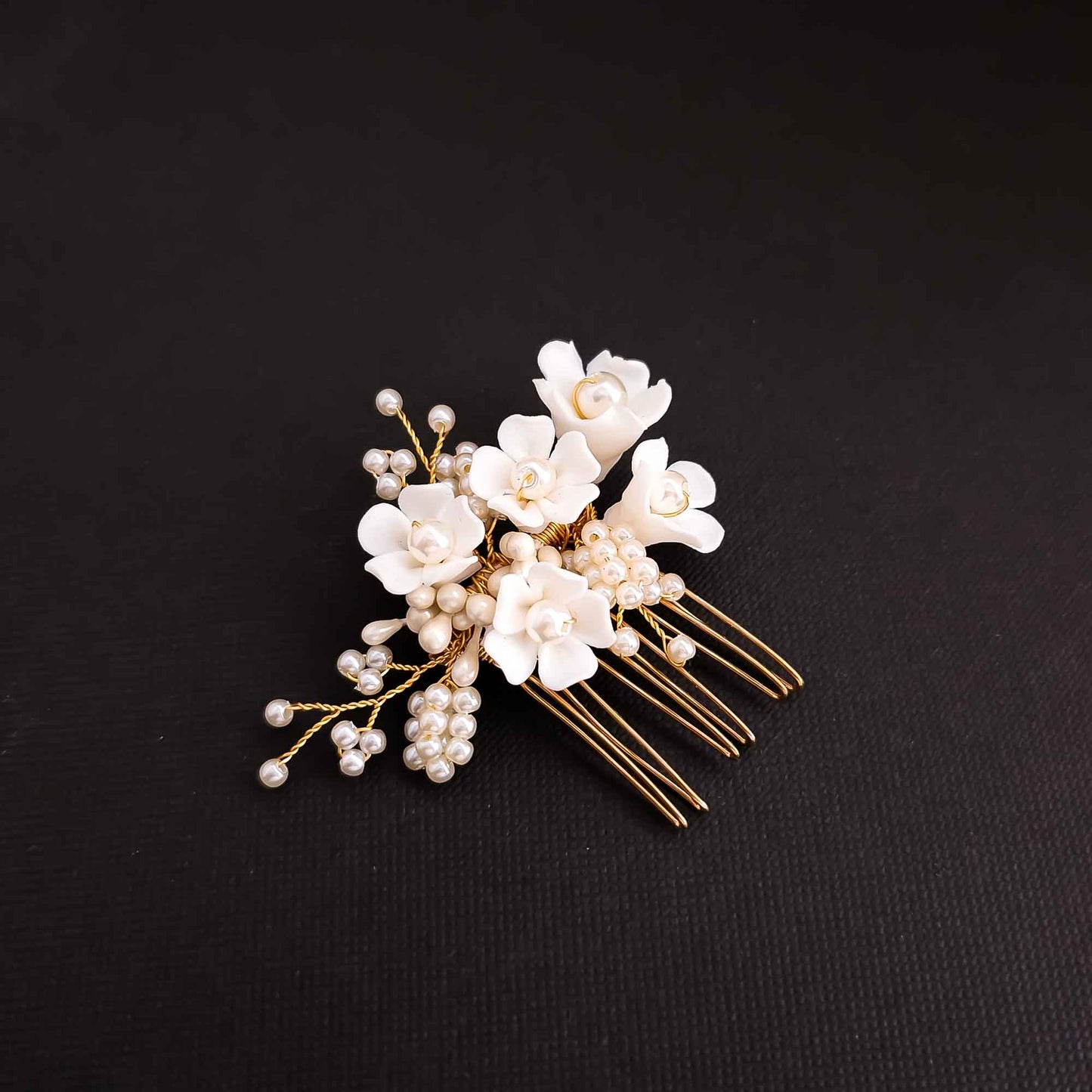 Small Flowers and Pearl Hair Comb in Rose Gold-Betty