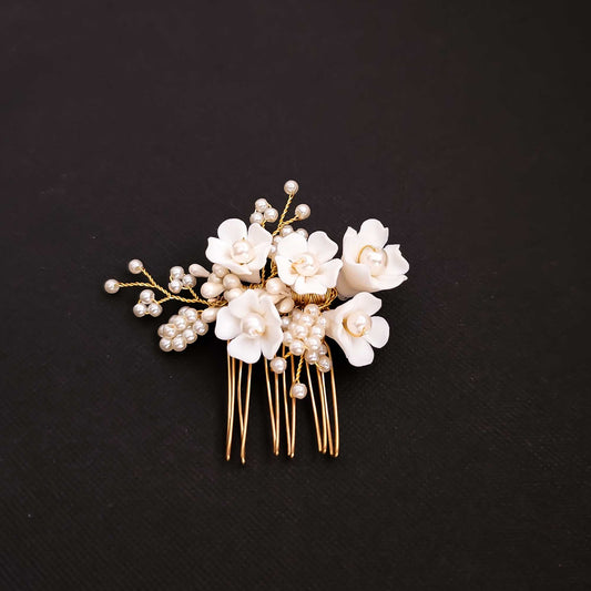 Small Flowers and Pearl Hair Comb in Rose Gold-Betty