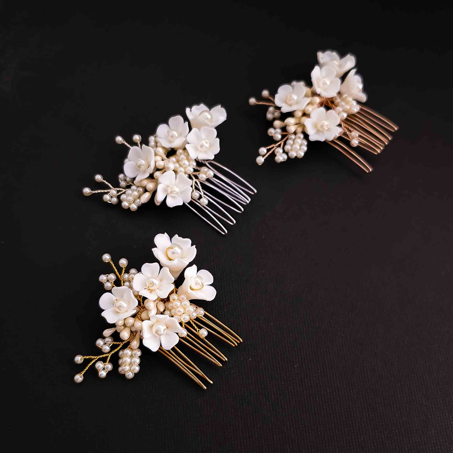 Small Flowers and Pearl Hair Comb in Rose Gold-Betty