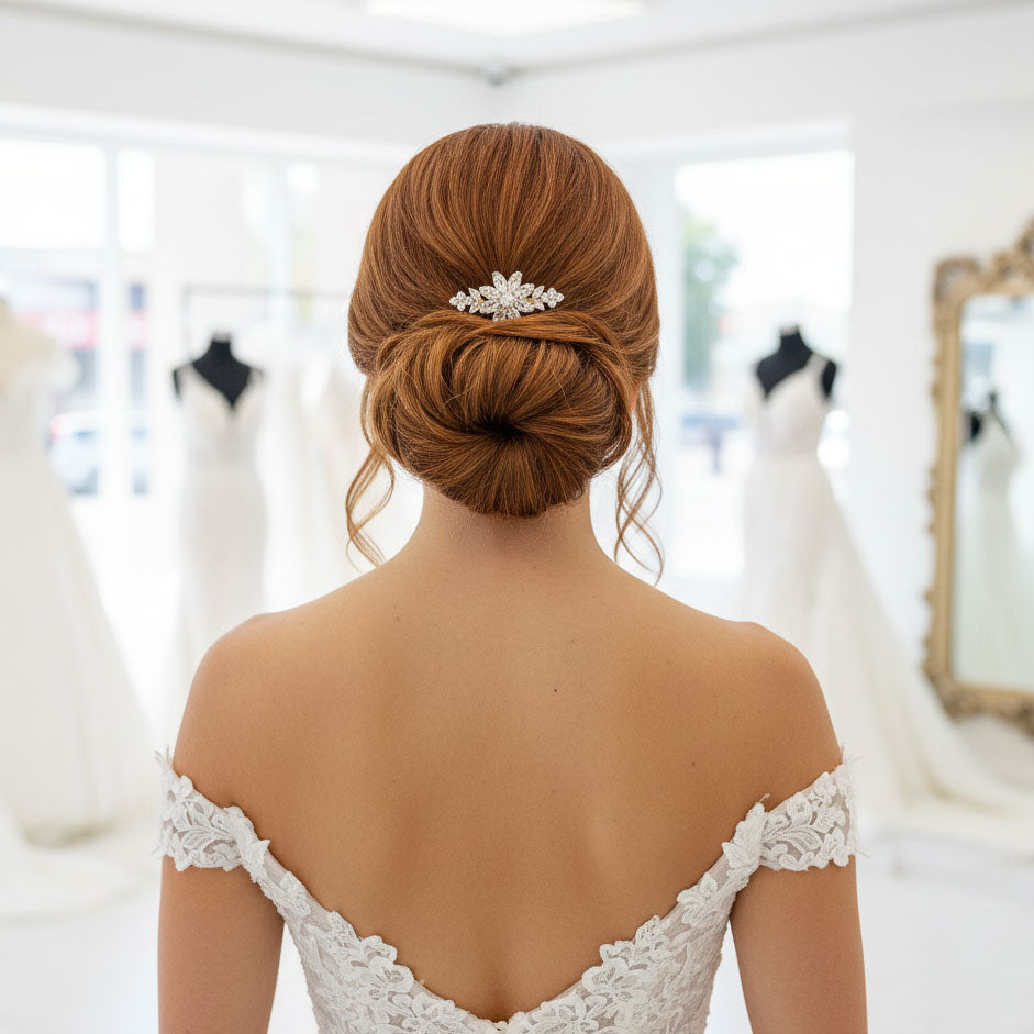 Dainty Silver Wedding Comb | Sparkling Cubic Zirconia Flower Hair Piece for Veil - Daisy