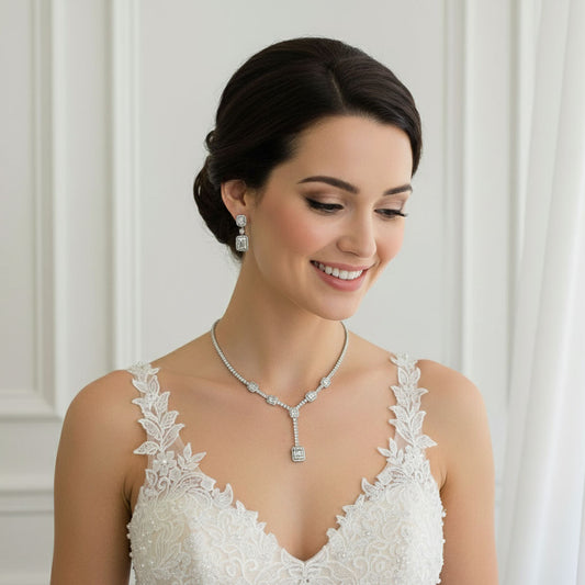CZ T-Drop Formal Necklace & Earrings Set | Neckline Styling Jewelry - Edith