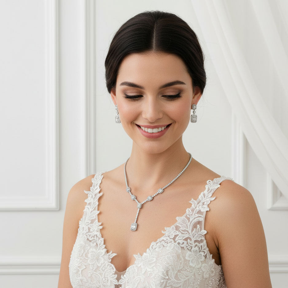 CZ T-Drop Formal Necklace & Earrings Set | Neckline Styling Jewelry - Edith