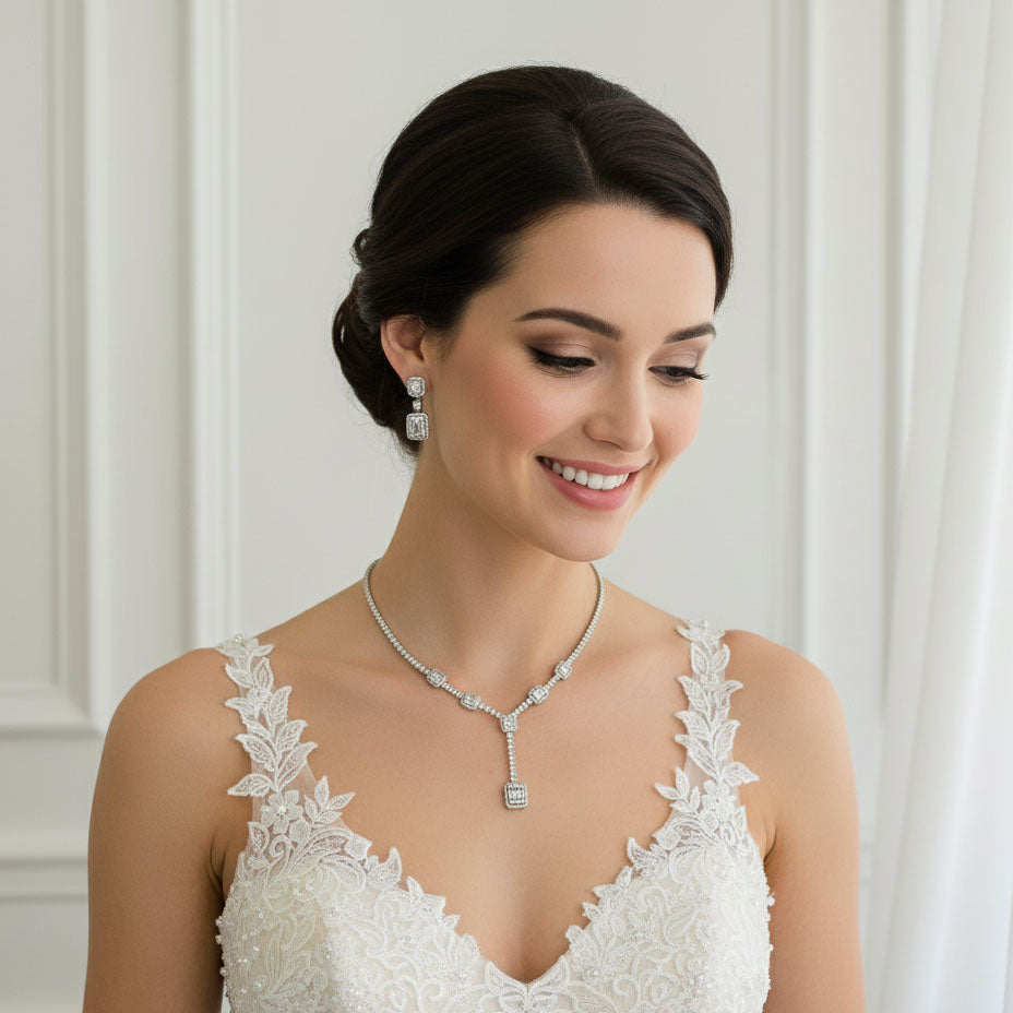 CZ T-Drop Formal Necklace & Earrings Set | Neckline Styling Jewelry - Edith