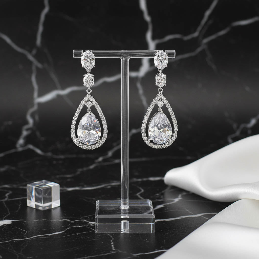 Brilliant Classic Teardrop Cubic Zirconia Earrings in Silver Finish - Ella