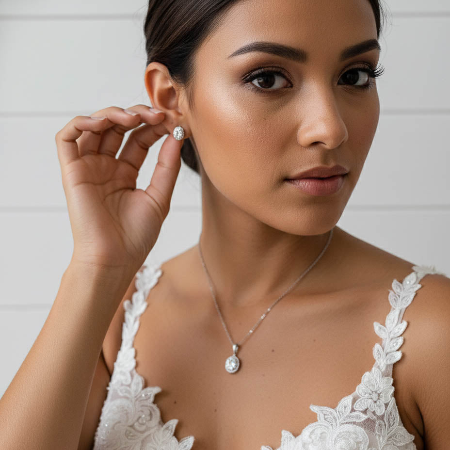 Oval Cubic Zirconia Stud Earrings and Necklace Set for Wedding-Emily