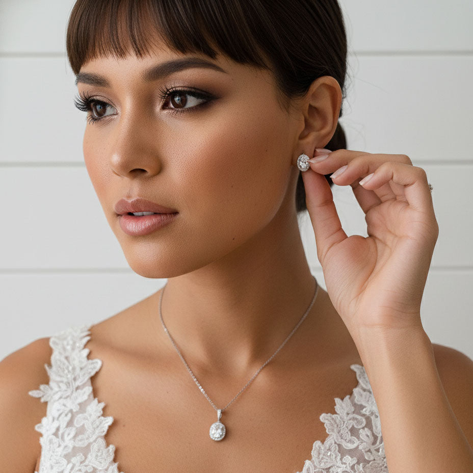 Oval Cubic Zirconia Stud Earrings and Necklace Set for Wedding-Emily