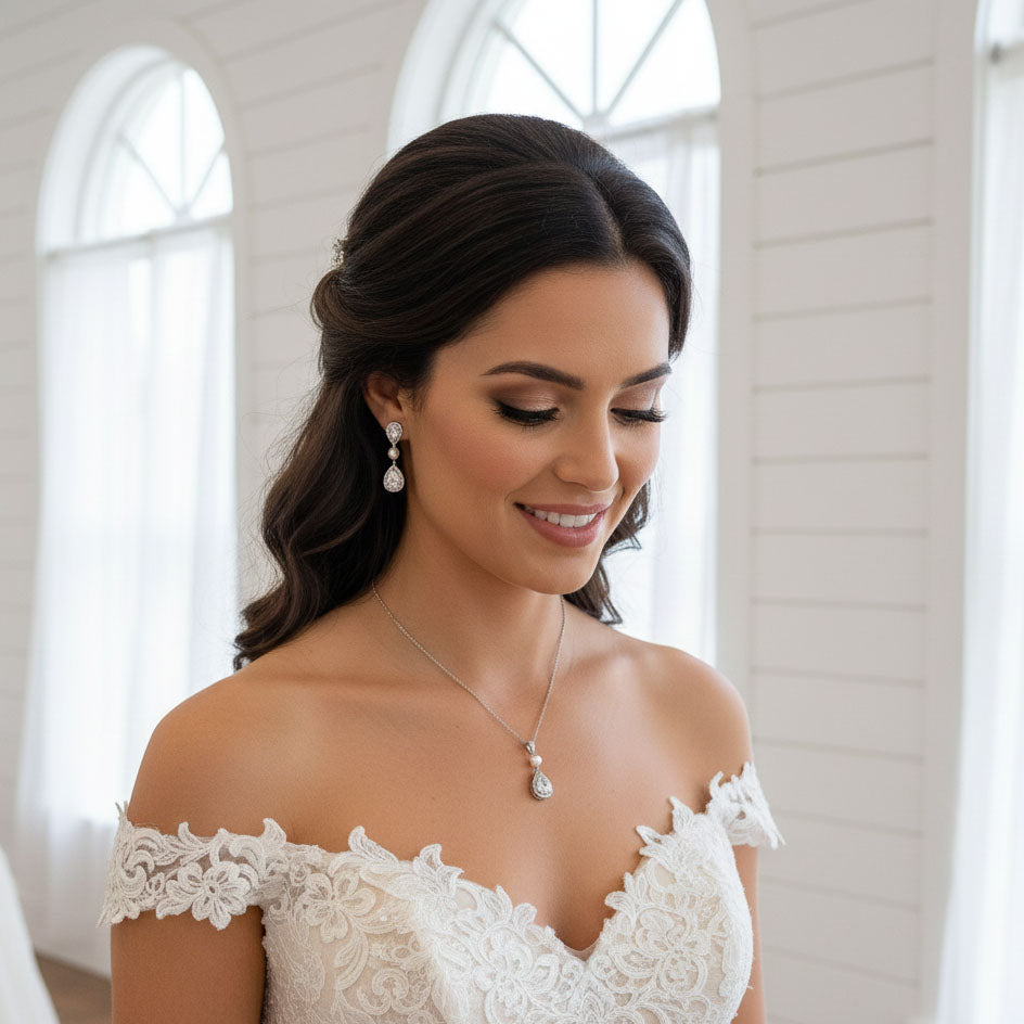 Teardrop Bridal Earrings: Rhodium-Plated Pearl & Cubic Zirconia -Emma