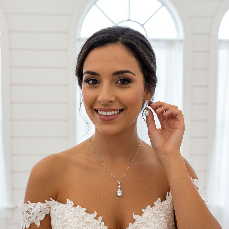 Classic Pearl & Gold CZ Teardrop Wedding Jewellery Set- Emma
