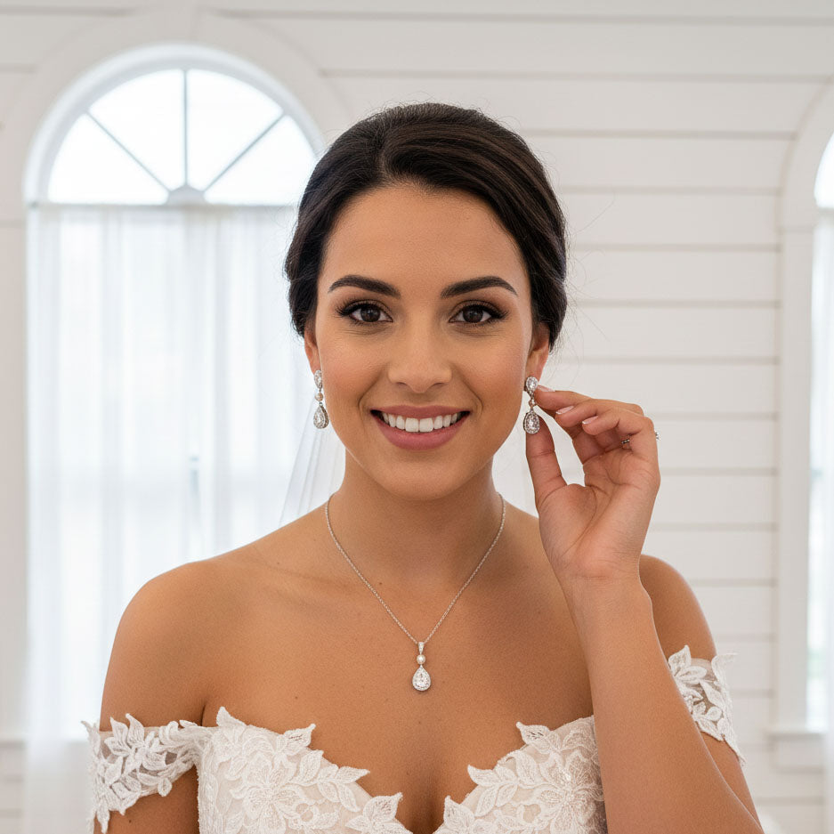 Classic Pearl & Gold CZ Teardrop Wedding Jewellery Set- Emma