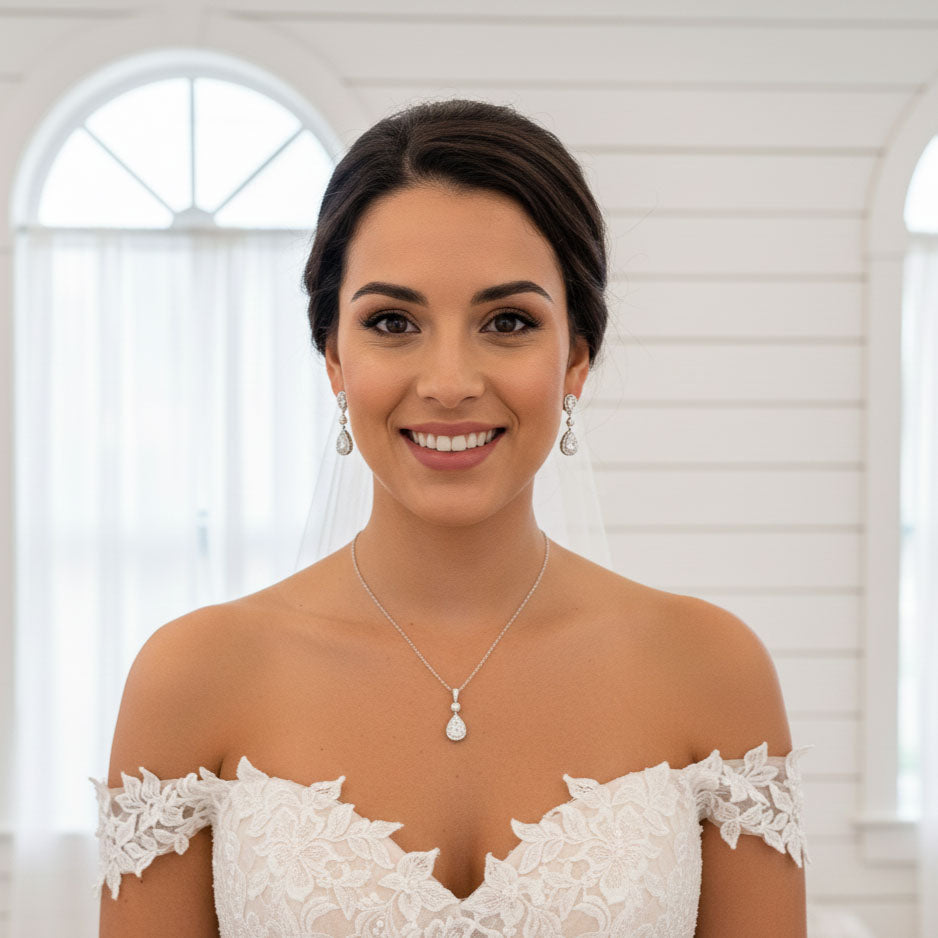 Teardrop Bridal Earrings: Rhodium-Plated Pearl & Cubic Zirconia -Emma