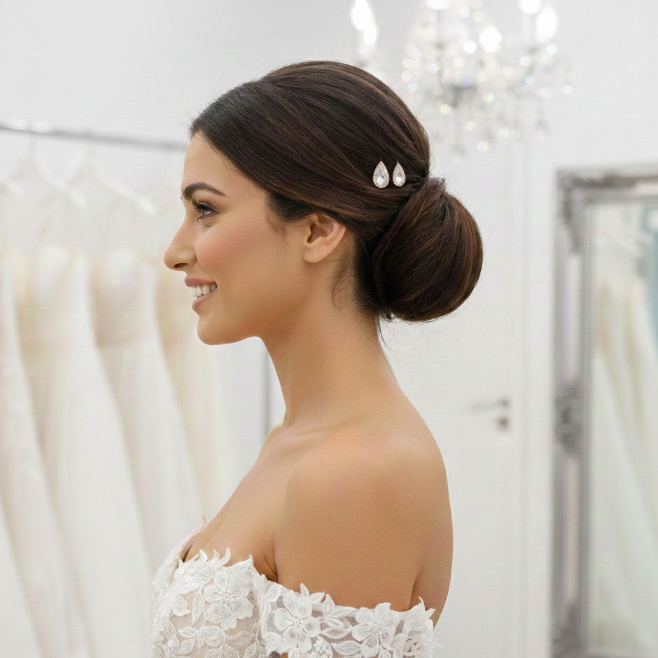Classic Teardrop CZ Hair Pins | High-Shine Silver Bridal Bobby Pin Set for Simple and Elegant Look- Evelyn