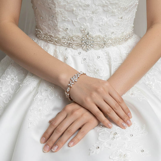 Floral Bridal Bracelet in Rose Gold & CZ Crystals- Daisy