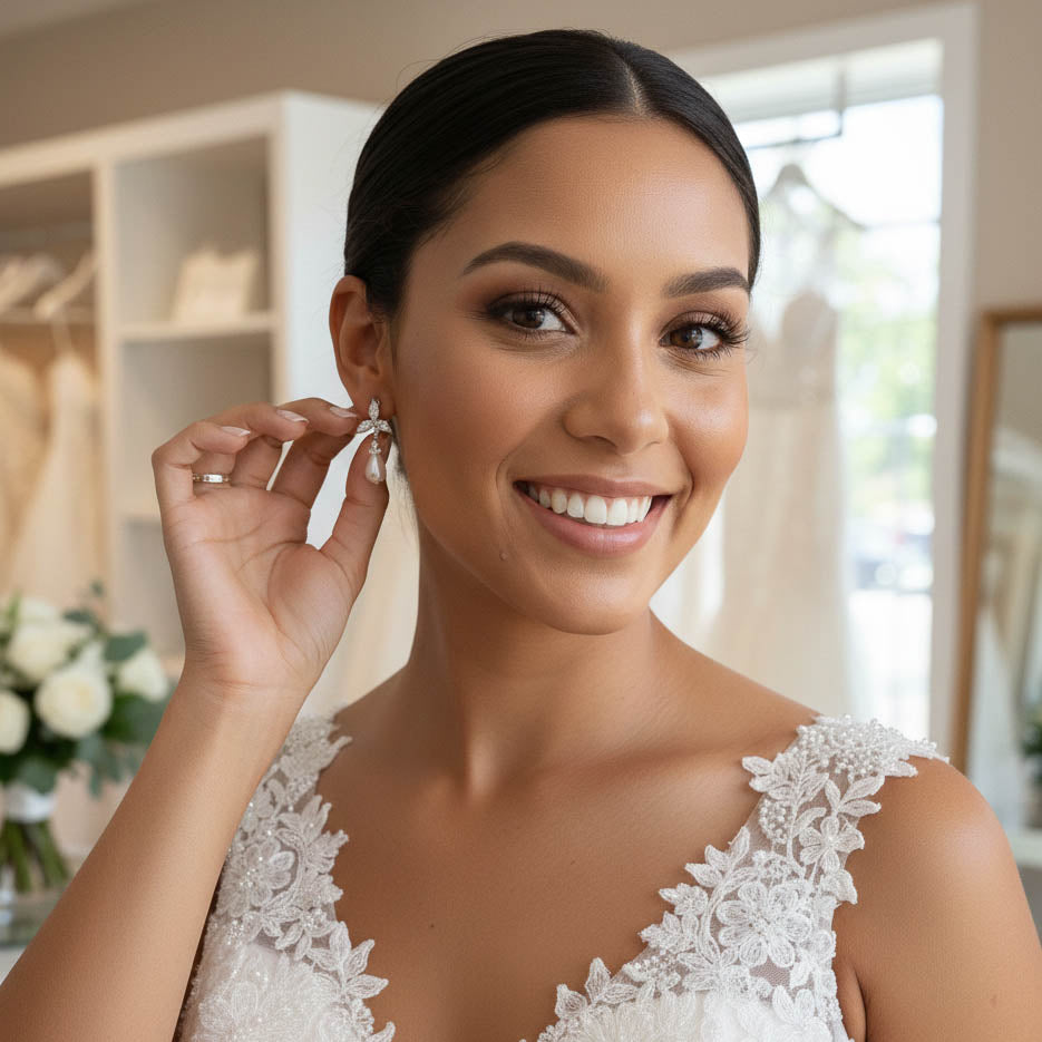 Floral Pearl Jewellery Set: Elegant Teardrop Necklace and Earrings for Weddings & Occasions- Flora