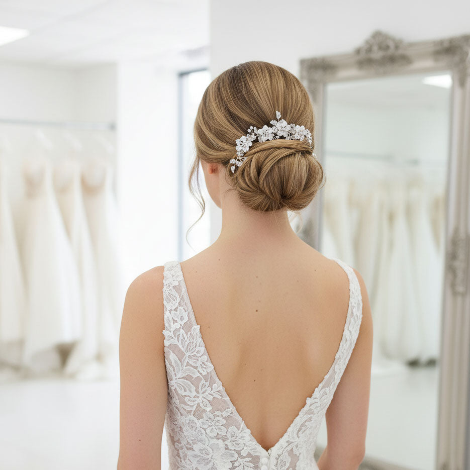 Silver flower Leaf Hair Comb for Weddings-Gardenia