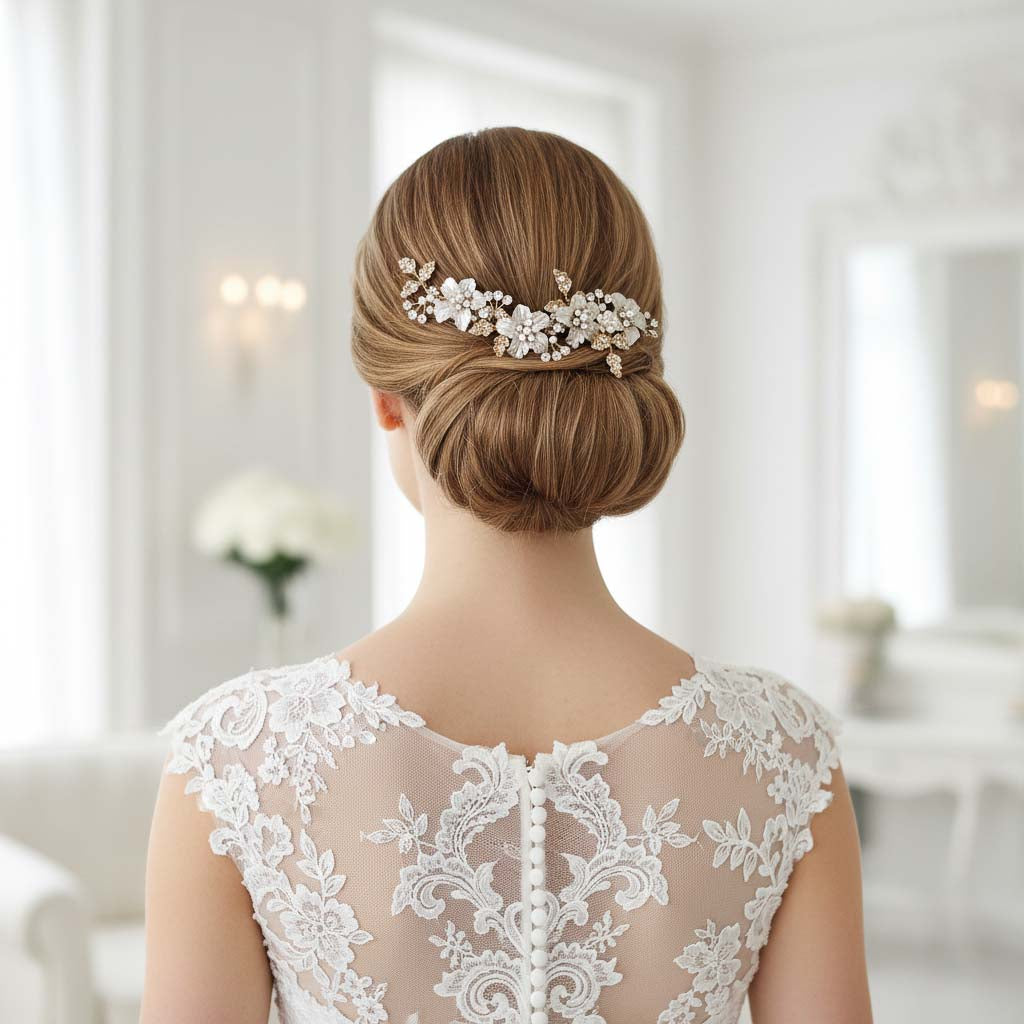 Silver flower Leaf Hair Comb for Weddings-Gardenia