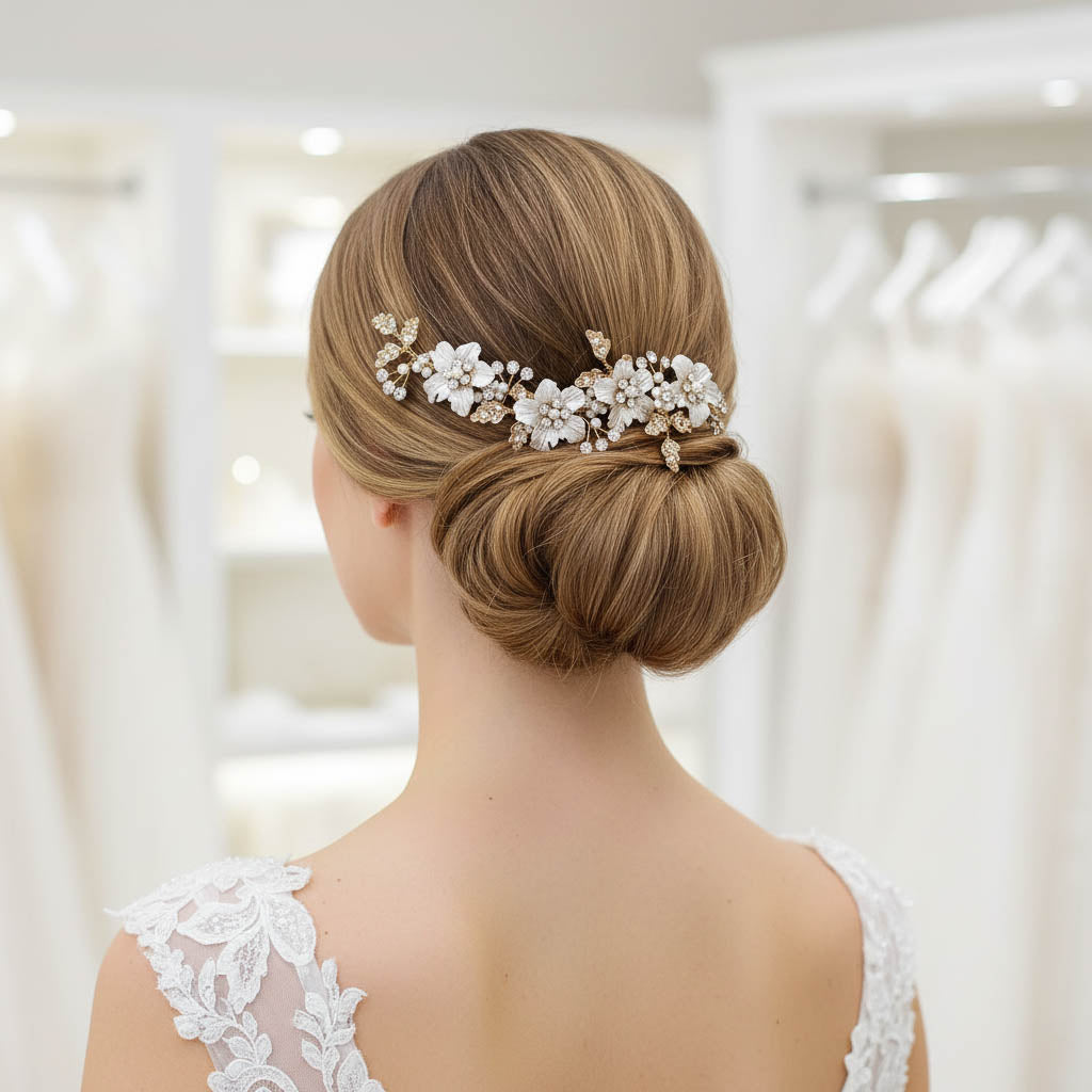 Rose Gold Hair Comb for Brides with Leaf and Flower-Gardenia