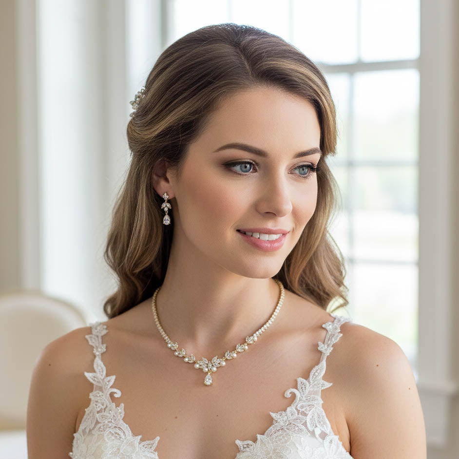Silver Pearl Bridal Jewellery Set: Necklace & Earrings - Jenna