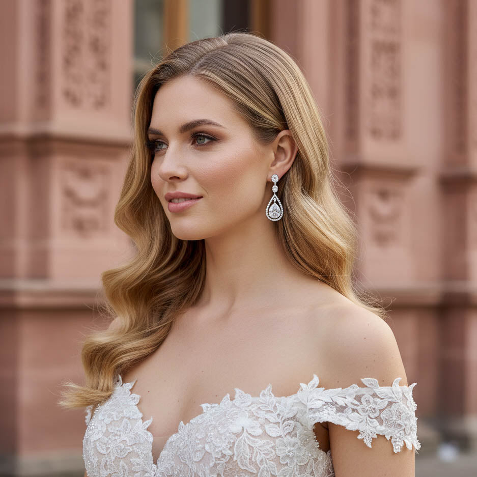 Brilliant Classic Teardrop Cubic Zirconia Earrings in Silver Finish - Ella