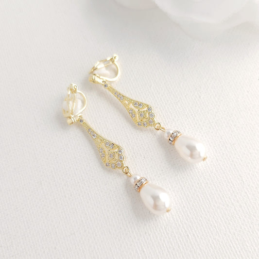 Vintage Style Gold Clip On Earrings for Weddings - Slim, Lightweight & Comfortable - Lisa