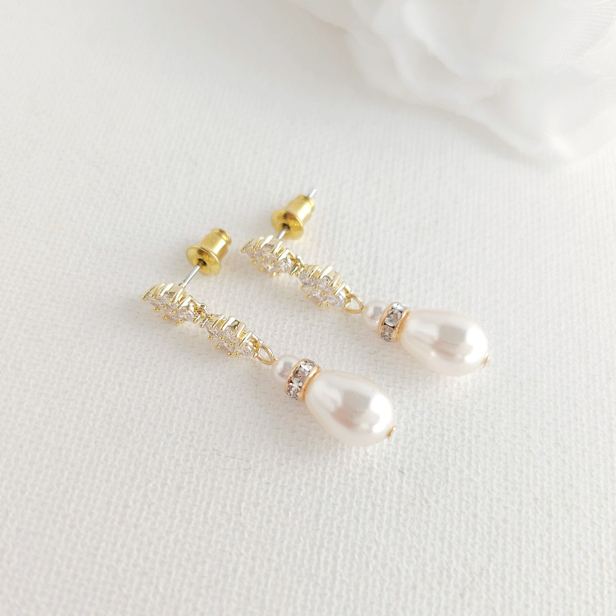 Yellow Gold Vintage Teardrop Pearl Bridal Earrings - Olive