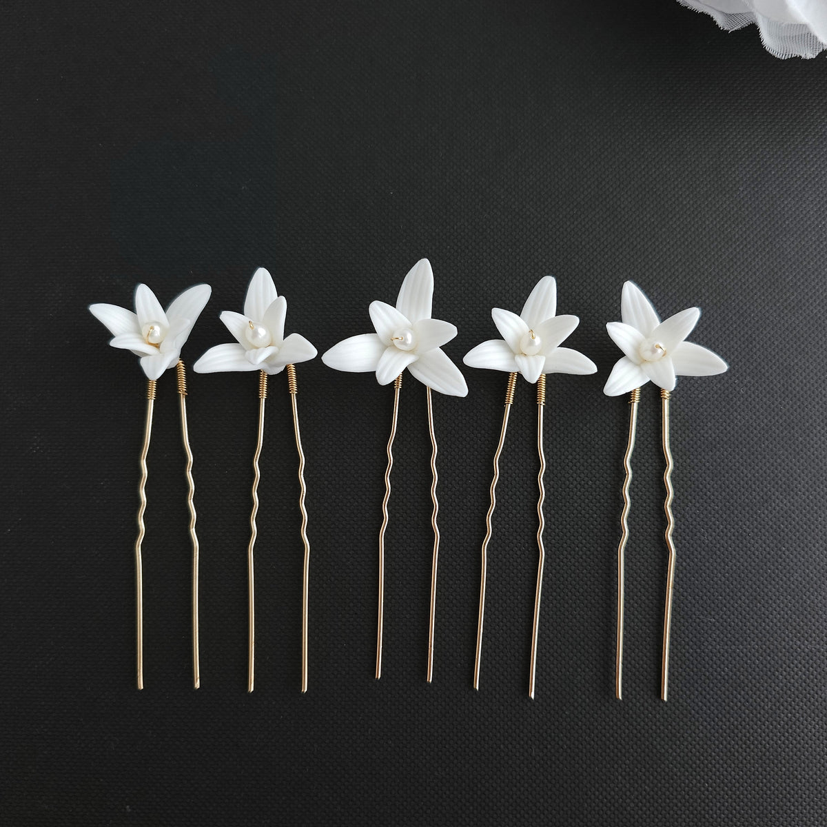 White Flower Wedding Hair Pins 5-Piece Set in Silver and Gold - Jasmine