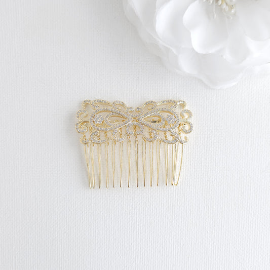 Yellow Gold Art Deco Bridal Hair Comb | Filigree CZ Wedding Veil Comb