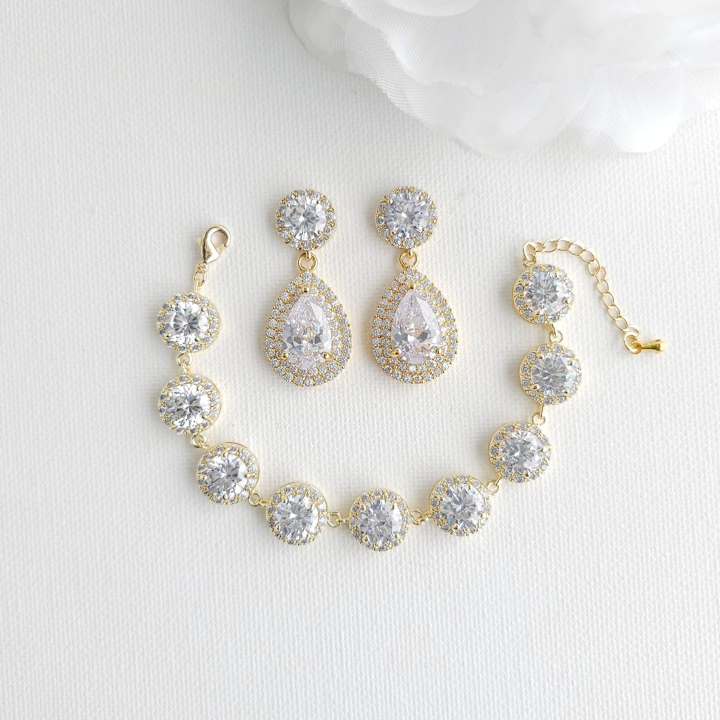 Silver Bridal Jewellery Set | Cubic Zirconia Teardrop Earrings & Halo Bracelet - Grace