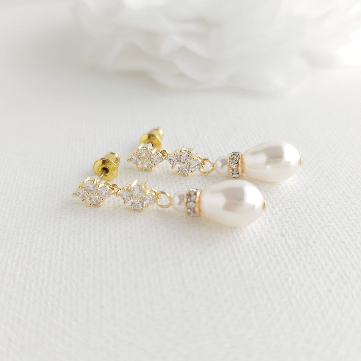 Silver Clover Crystal & Pearl Drop Earrings - Olive