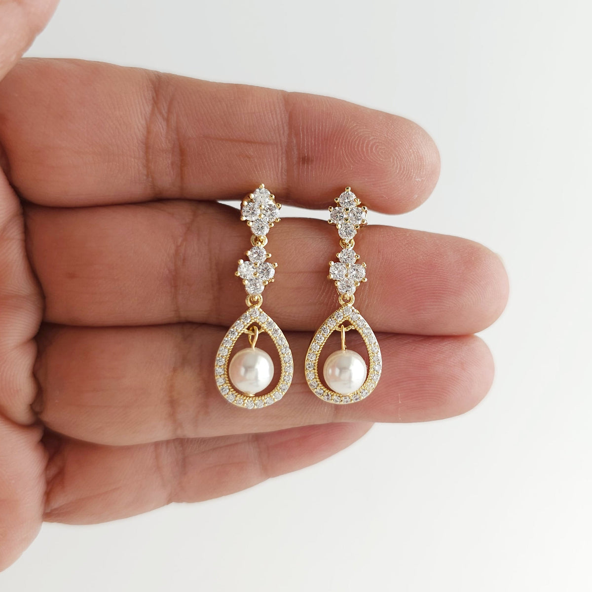 Open Teardrop Pearl Bridal Earrings in Silver - Lea