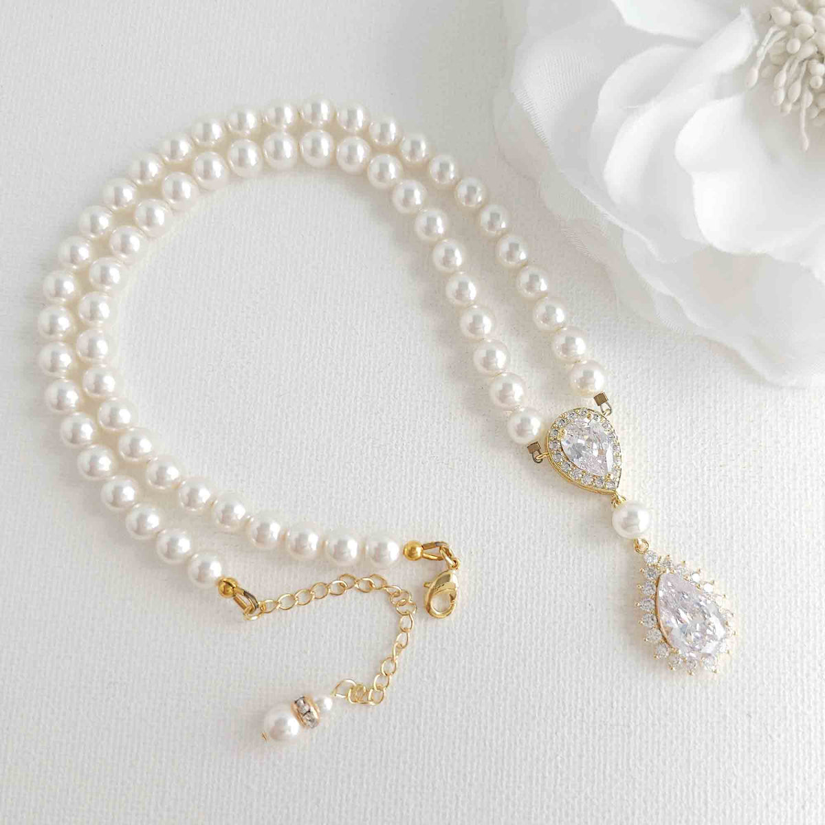 Bridal Pearl Strand and Teardrop CZ Pendant Necklace - Raya