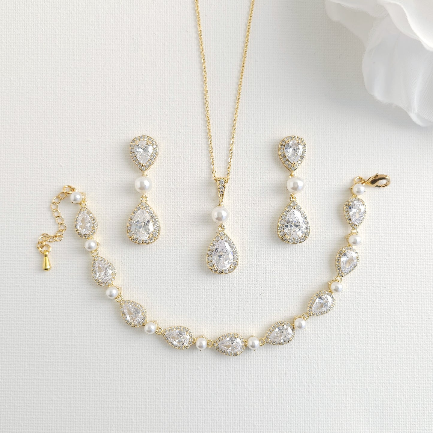 Classic Pearl & Gold CZ Teardrop Wedding Jewellery Set- Emma