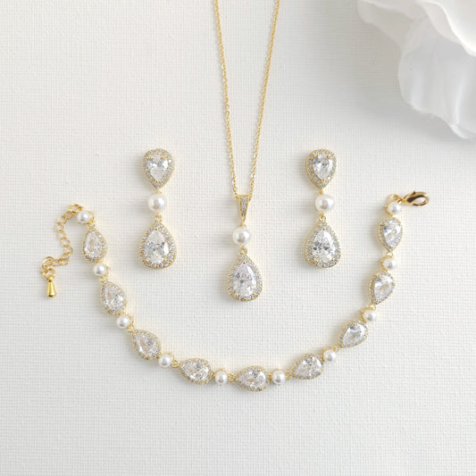 Classic Pearl & Gold CZ Teardrop Wedding Jewellery Set- Emma