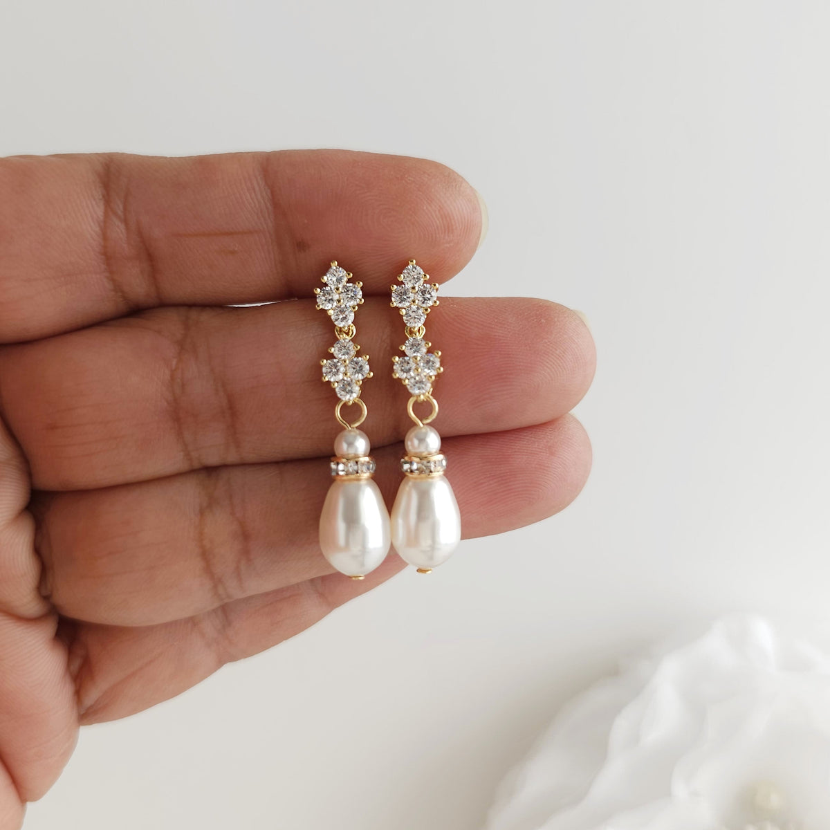 Yellow Gold Vintage Teardrop Pearl Bridal Earrings - Olive